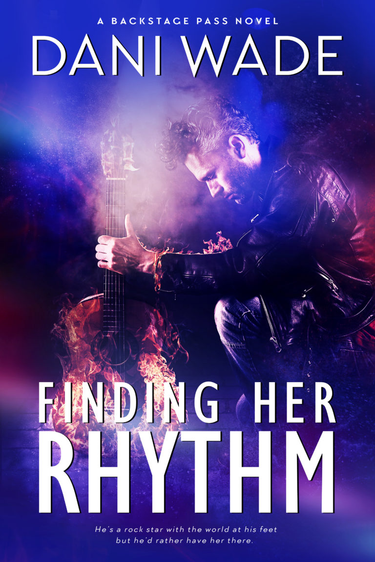 Finding Her Rhythm book cover with musician kneeling with a guitar in a cloud of purple smoke