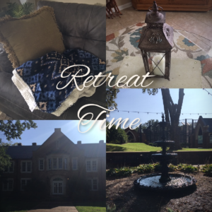 Titled retreat time with pictures of a house, a fountain, and seating area for writing