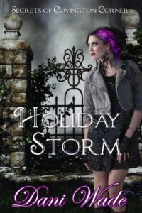 Holiday Storm cover. Picture of rocker woman in front of a gate in the snow.